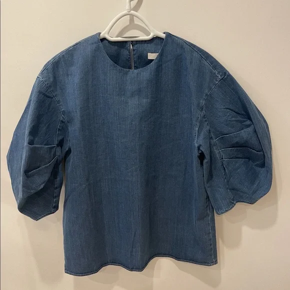 2022 summer Tibi Summer Denim Pleat Sleeve Top - Picture 2 of 4